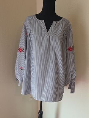 Alyx Navy & White Striped Tunic with Red Floral Embroidery